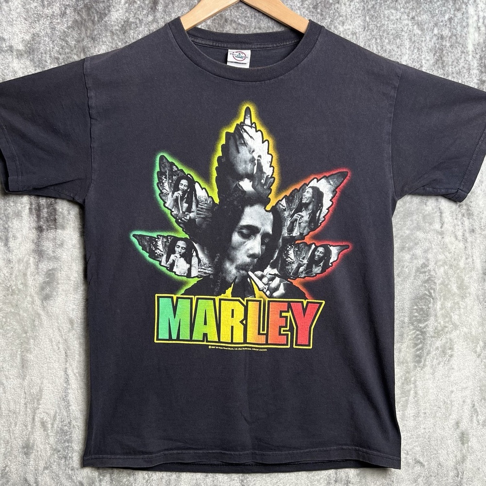 Vintage Y2K 2007 Bob Marley Black Pot Leaf‎ Graphic Tee Shirt Smoking Rasta M